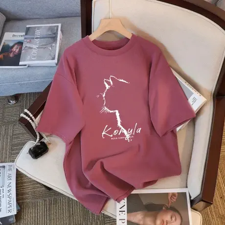 2024春夏新款树莓色猫咪圆领短袖t恤女款韩版宽松慵懒风简约上衣商品大图