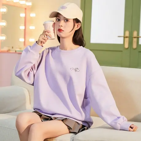 唐狮女卫衣春秋季紫色圆领宽松设计感甜美图案上衣小个子运动图片