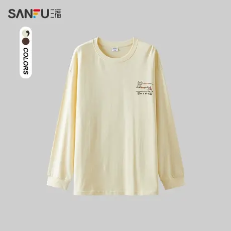 三福2024春季男士线条猫纯棉长T恤 趣味休闲圆领上衣男482571商品大图
