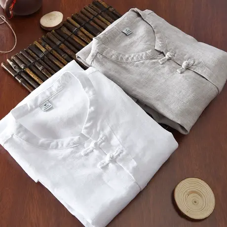 亚麻衬衫男短袖韩版修身男士休闲衬衣中国风棉麻透气薄款白寸衫潮商品大图