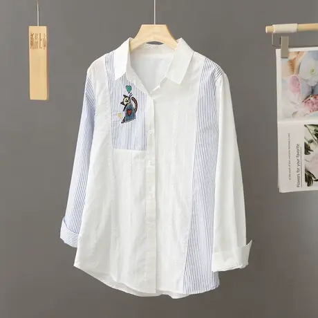 早春新款白色衬衫女纯棉长袖上衣蓝色条纹拼接衬衣2024年春季新款商品大图