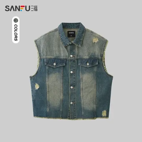 三福2024夏季男士街头潮流牛仔马甲 宽肩翻领无袖外套男483362图片