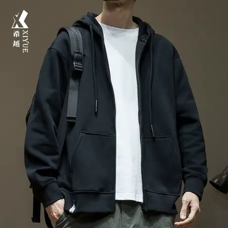 希越美式潮牌连帽开衫卫衣男士2024春季新款宽松大码外套黑色上衣商品大图