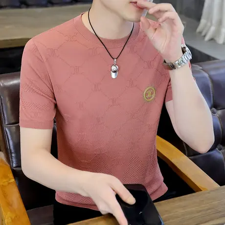 潮牌欧货冰丝短袖t恤男士半袖针织上衣服夏季高端百搭体恤打底衫商品大图