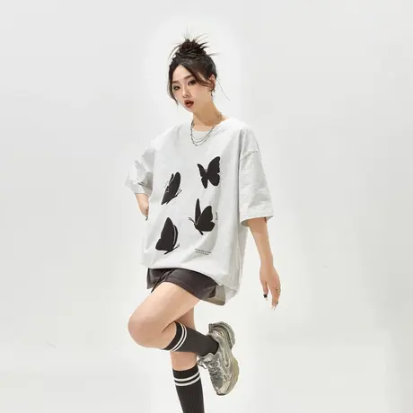 【好物体验专享】蝴蝶发泡印花短袖t恤女春夏复古潮牌情侣装宽松商品大图