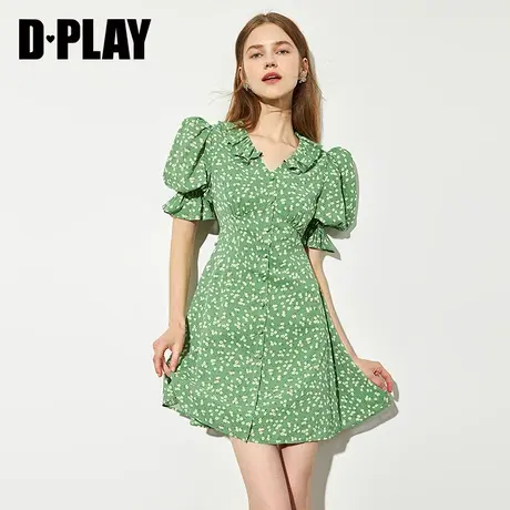 DPLAY德帕拉夏新法式泡泡袖气质短款碎花连衣裙青草绿初恋裙图片