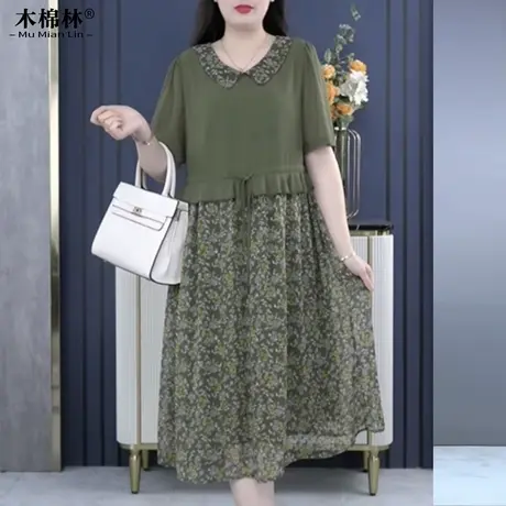 假两件碎花连衣裙夏装短袖大码女显瘦遮肚娃娃领系带减龄过膝长裙商品大图