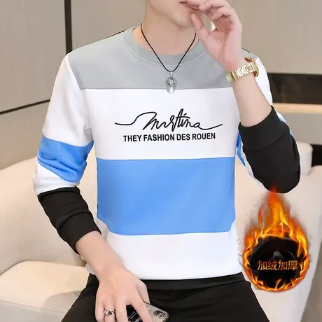 2023秋冬季新款长袖T恤男士青少年学生圆领拼接卫衣潮流打底体恤图片