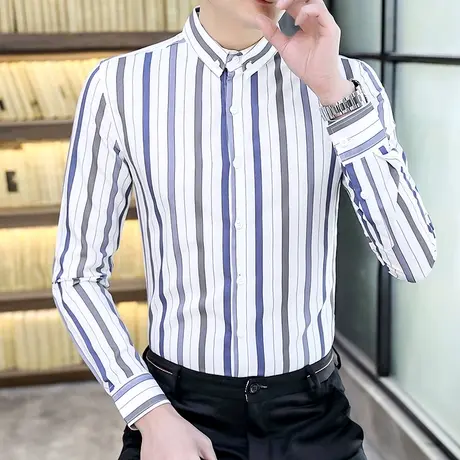 秋季新款男士长袖衬衫韩版潮流衬衣ins潮牌痞帅气竖条纹修身寸衫商品大图