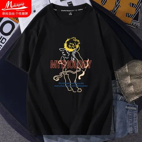 欧美潮流短袖t恤男2023春夏款情侣装宽松圆领纯棉内搭青少年半袖图片