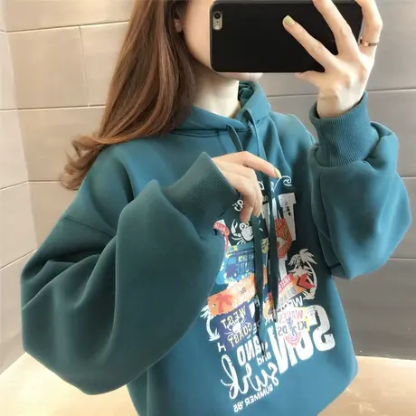 加绒加厚印花连帽卫衣女2023年新款韩版宽松学生保暖外套潮百搭图片