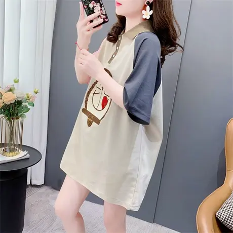 Polo领短袖t恤女中长款2023新款夏季宽松洋气减龄拼色设计感上衣图片