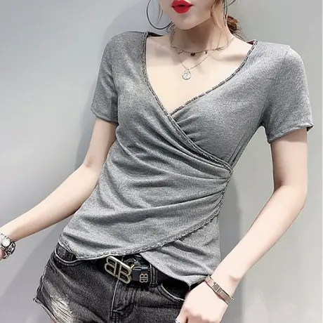 性感深V领短袖女2023新款潮不规则交叉T恤女夏装修身气质时尚上衣商品大图