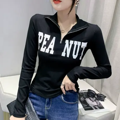 时尚拉链长袖T恤女士2023春秋新款设计感小众上衣显瘦紧身打底衫商品大图