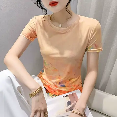 2023夏装新款网纱短袖T恤女时尚洋气漂亮印花上衣修身圆领小衫潮商品大图