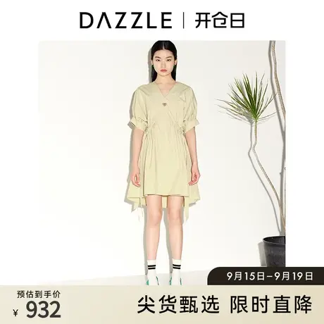 DAZZLE地素奥莱 春夏简约小众v领系带收腰大摆短袖连衣裙女商品大图