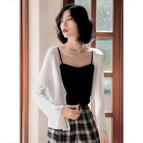 弥古白色针织开衫外套女春秋气质v领吊带外搭罩衫宽松设计感上衣商品大图