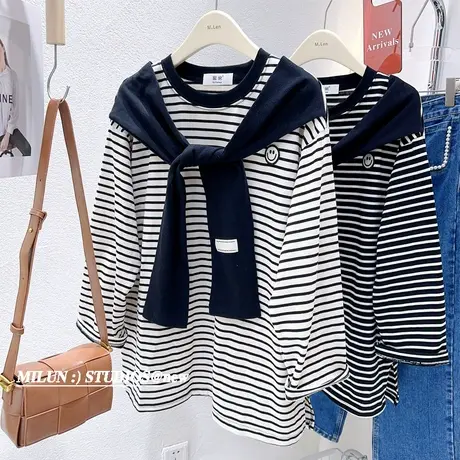 韩国东大门设计感上衣2023春秋款慵懒披肩假两件长袖T恤别致时髦图片