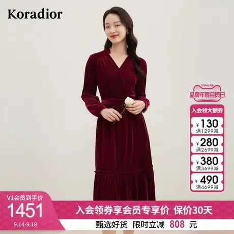 珂莱蒂尔女装2023秋季新款通勤法式v领设计感丝绒收腰连衣裙图片
