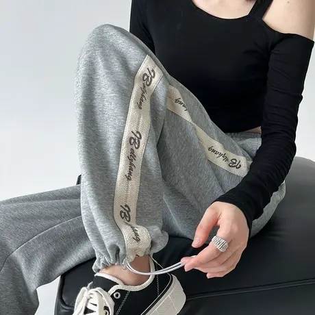 灰色美式抽绳束脚运动裤女秋冬新款高腰直筒宽松卫裤休闲阔腿裤子商品大图