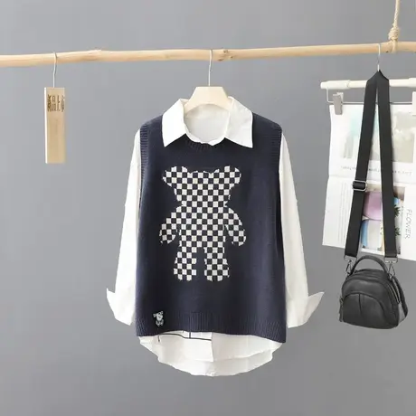 提花圆领针织马甲女短款秋装新款小众小香风叠穿外搭坎肩毛衣背心商品大图