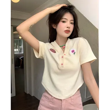 v领正肩短袖t恤女2023夏季设计感小众别致修身显瘦短款辣妹上衣服商品大图