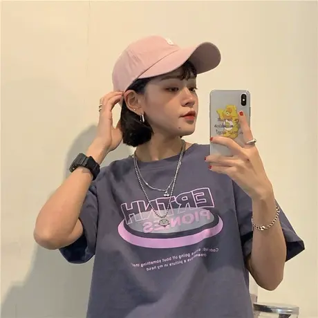 红续2023新款春夏装字母圆领纯棉休闲立体字母宽松短袖t恤女ins潮图片