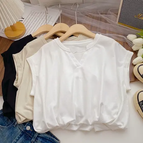ins超火纯棉V领无袖T恤女夏装宽松显瘦百搭短款收腰无袖T恤上衣潮商品大图