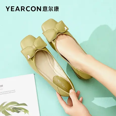 意尔康平底单鞋女真皮2023春秋新款浅口粗跟一脚蹬豆豆鞋温柔女鞋商品大图