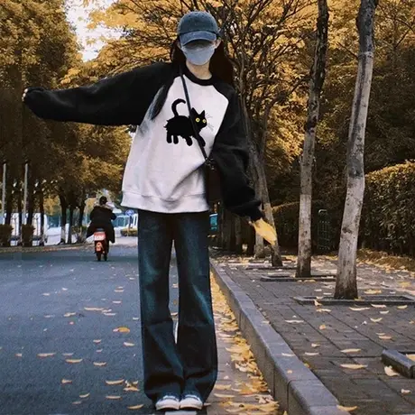 拼色插肩袖圆领卫衣女春秋薄款宽松慵懒风美式复古设计感上衣潮牌商品大图