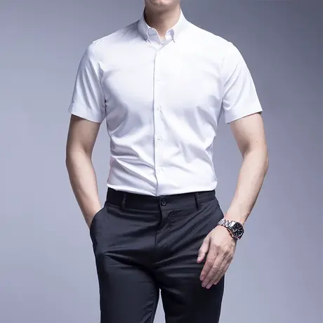 Seno丝光质感短袖衬衫男商务扣领韩版免烫抗皱夏季青年修身衬衣男商品大图