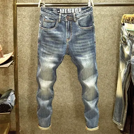 重工水洗牛仔裤男修身弹力小脚裤潮牌ins美式高级感复古做旧裤子商品大图