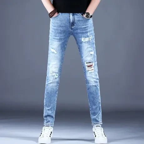 男士破洞牛仔裤男款轻奢潮牌高端修身小脚休闲弹力裤子男美式高街商品大图