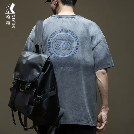 美式复古260g重磅短袖t恤男渐变潮流水洗做旧大码男生纯棉体恤衫商品大图