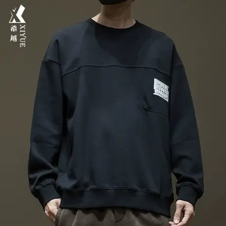 希越高品质宇宙棉套头卫衣男潮牌拼接款秋季宽松大码圆领打底衫黑商品大图