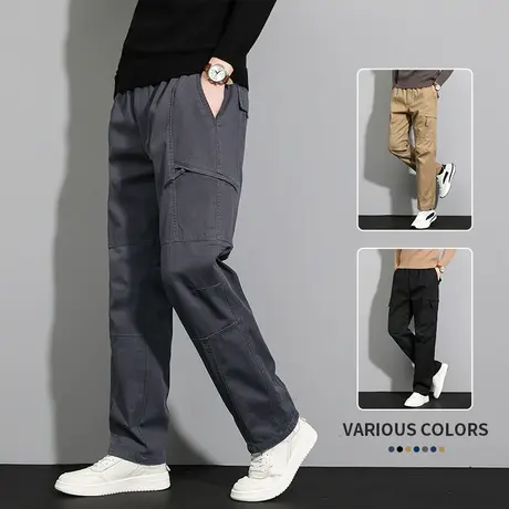 休闲裤子男秋季宽松大码纯棉直筒工装裤男款春秋灰色多口袋工作裤商品大图