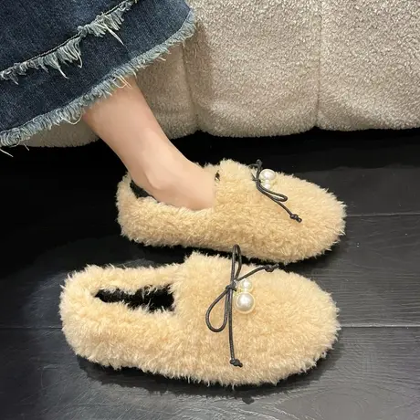 棉鞋毛毛鞋女冬外穿2023秋冬平底羊羔毛女鞋一脚蹬豆豆鞋加绒女鞋商品大图