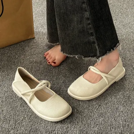 永希白色浅口低跟平底单鞋女2023年春秋新款复古风法式玛丽珍鞋子商品大图