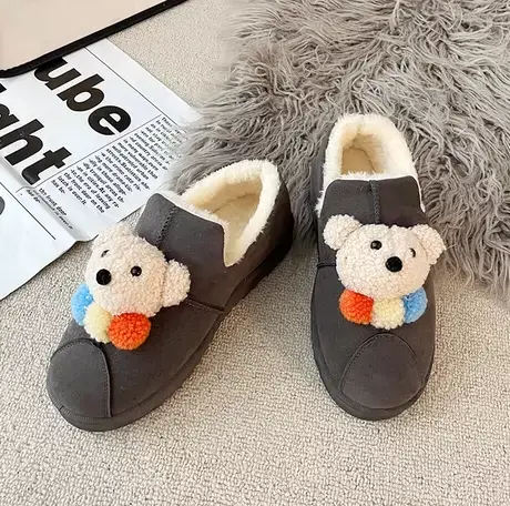 棉鞋女冬加绒豆豆鞋小熊新款低帮短筒雪地靴厚底一脚蹬保暖面包鞋商品大图