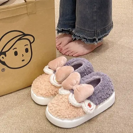 可爱公主蝴蝶结棉拖鞋女冬季外穿厚底防滑家居家毛绒保暖包跟棉鞋商品大图