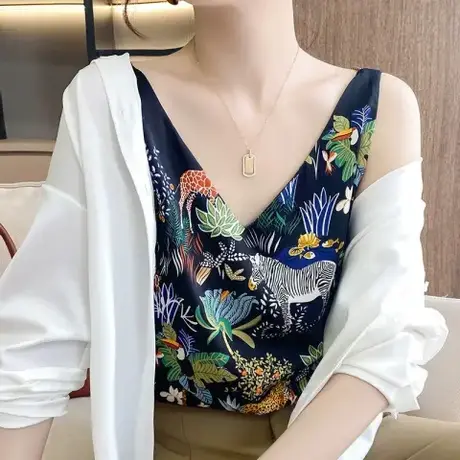 真丝吊带背心女夏内搭西装宽松外穿白色打底缎面v领纯欲大码上衣图片