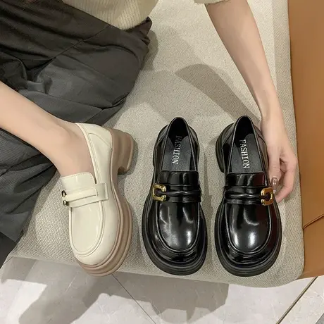 复古乐福鞋女2024年新款懒人一脚蹬粗跟单鞋小个子厚底增高小皮鞋商品大图