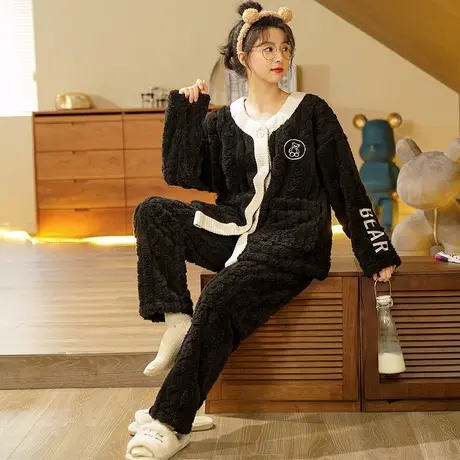 日式睡衣女和服珊瑚绒秋冬季法兰绒秋冬款冬天家居服加厚日系套装图片