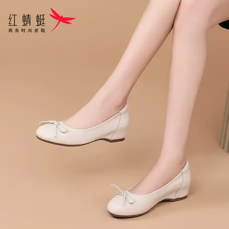 红蜻蜓女鞋春秋软底白色内增高一脚蹬小皮鞋女真皮工作单鞋豆豆鞋图片