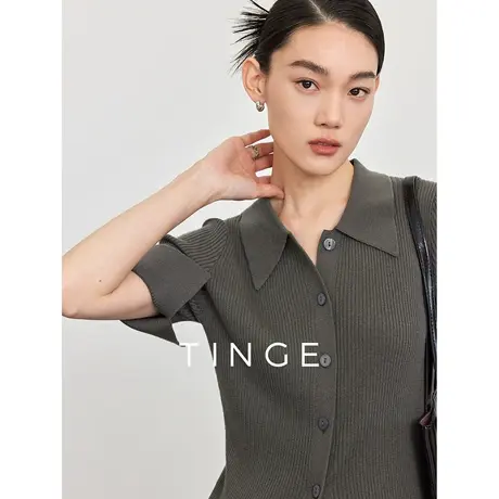 TINGE贴己燕尾polo领可机洗羊毛针织衫女春秋款开衫毛衣中袖上衣图片