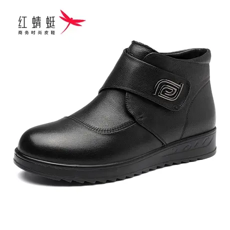 红蜻蜓女棉鞋妈妈鞋真皮加绒保暖透气平底高帮大码中老年短靴软皮图片