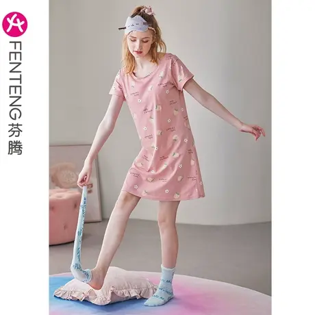 芬腾带胸垫睡裙女士卡通带杯垫睡衣夏季纯棉短袖薄款可外穿家居服商品大图
