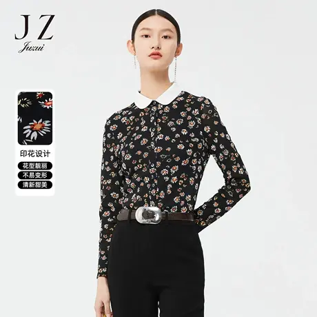 JZ玖姿撞色方领2022春季新款小雏菊印花图案气质时尚修身衬衫女商品大图