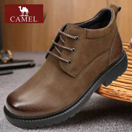 Camel/骆驼男鞋冬季款加绒保暖真头层牛皮户外休闲高帮鞋子潮短靴商品大图