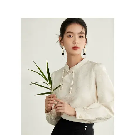 茵曼新中式国色梅花提花衬衣2023秋女装新款手工盘扣钉珠气质上衣商品大图
